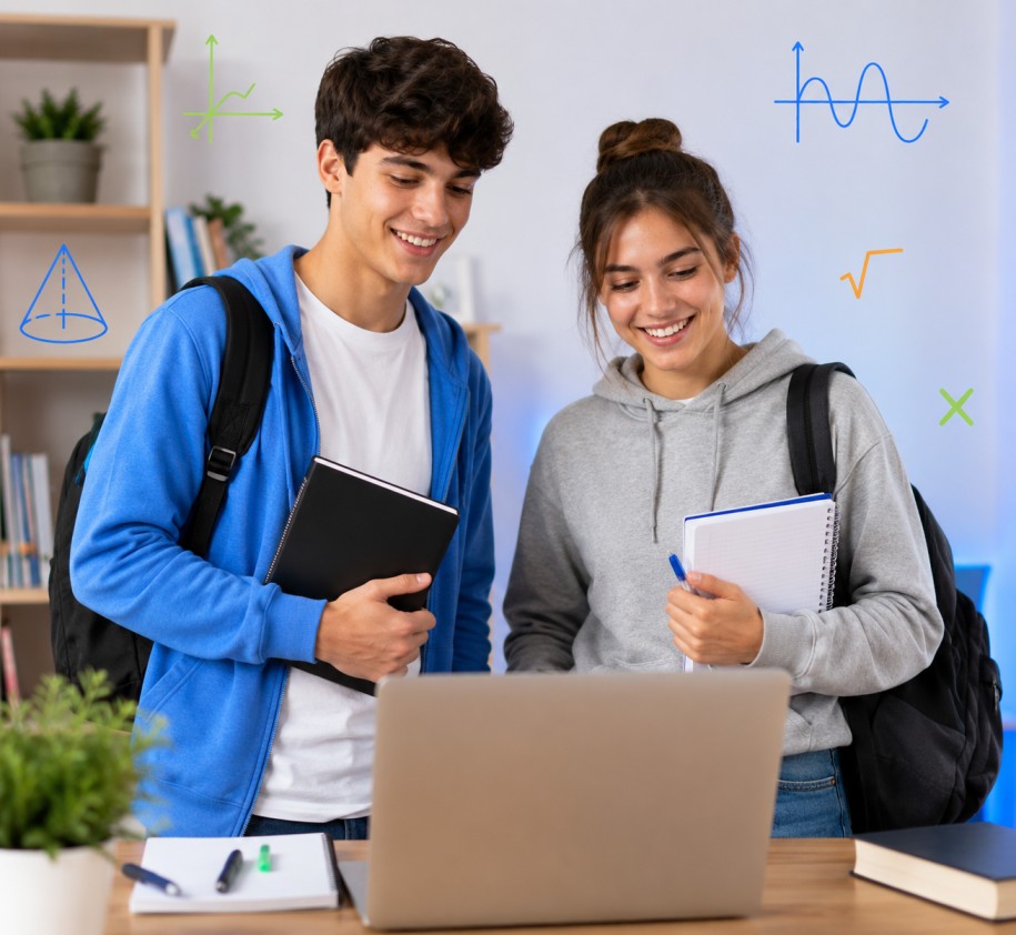 12 years students stand front of the laptop and discuss maths with tutor