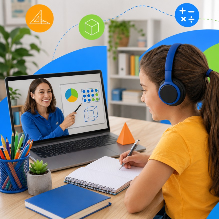 year 3 student taking online maths class with tutor