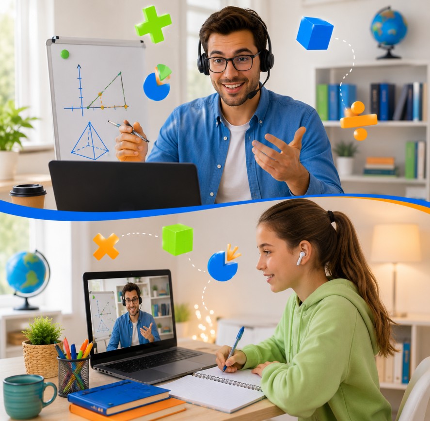 year 5 student taking online maths class with tutor