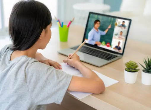Austrian school student taking online math class on the laptop